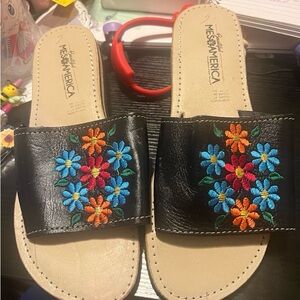 Embroidered Black Sandals with Floral Design